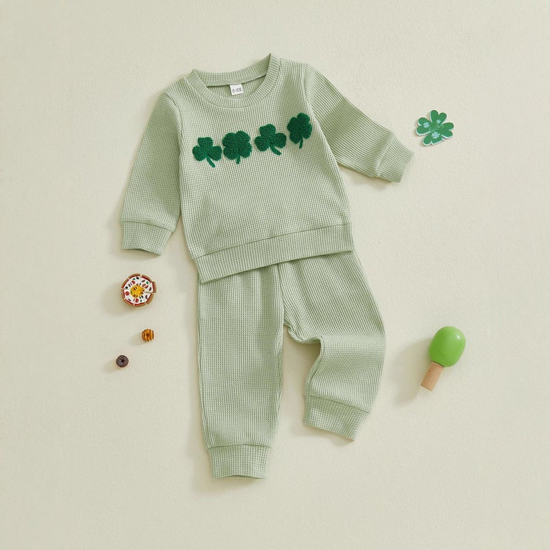 and Autumn and Winter Baby Boys and Girls St. Patrick''s Day Four-Leaf Clover Embroidered Striped Long-Sleeve Long Pants Two-Piece Set Waffle - Image 5