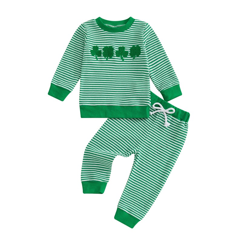 and Autumn and Winter Baby Boys and Girls St. Patrick''s Day Four-Leaf Clover Embroidered Striped Long-Sleeve Long Pants Two-Piece Set Waffle - Image 1