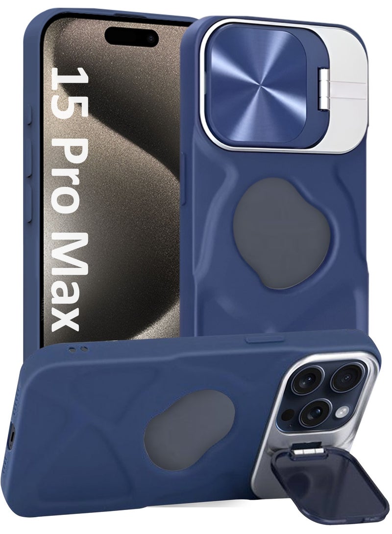 CATANES Slim Soft Case for iPhone 15 Pro Max - TPU Shockproof Case with Lens Protection Kickstand and Logo View Window - Dark Blue - Image 1