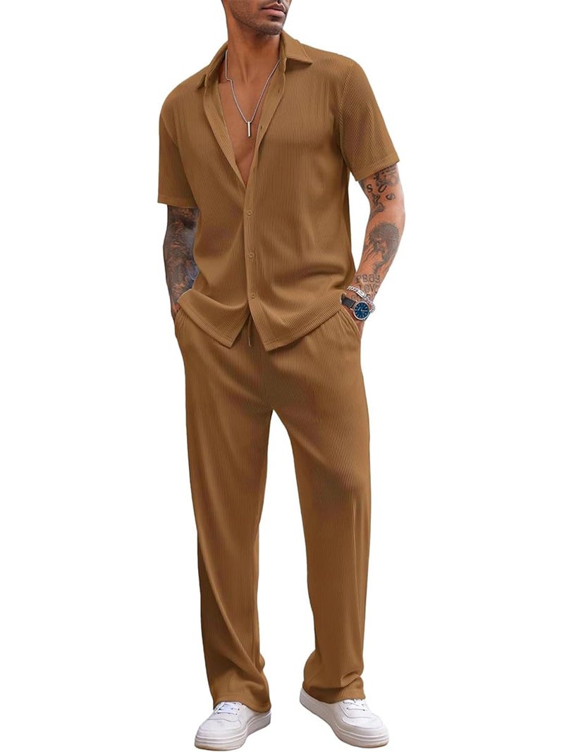 CHKOKKO Men’s Co-Ord Set Premium Polo Neck Half Sleeve Solid Shirt with Trousers Cord Set Relaxed Fit Casual Summer Wear Western BLACK 3XL - Image 1