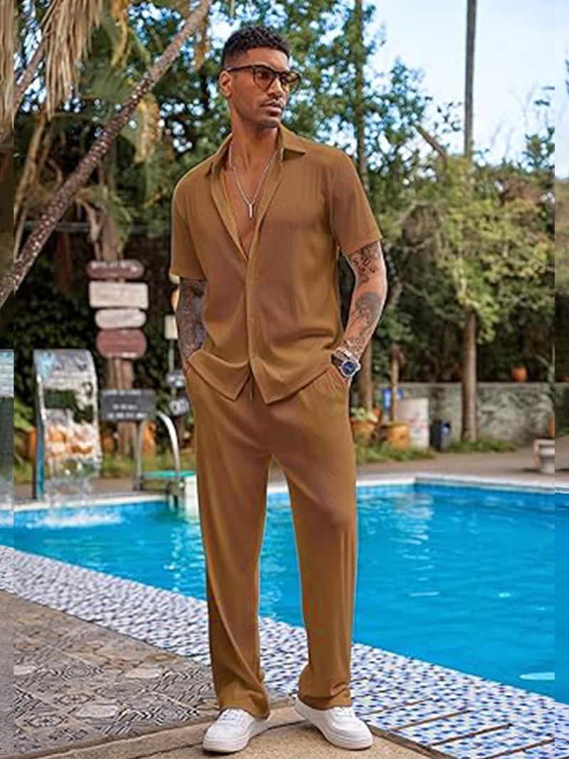 CHKOKKO Men’s Co-Ord Set Premium Polo Neck Half Sleeve Solid Shirt with Trousers Cord Set Relaxed Fit Casual Summer Wear Western BLACK 3XL - Image 5