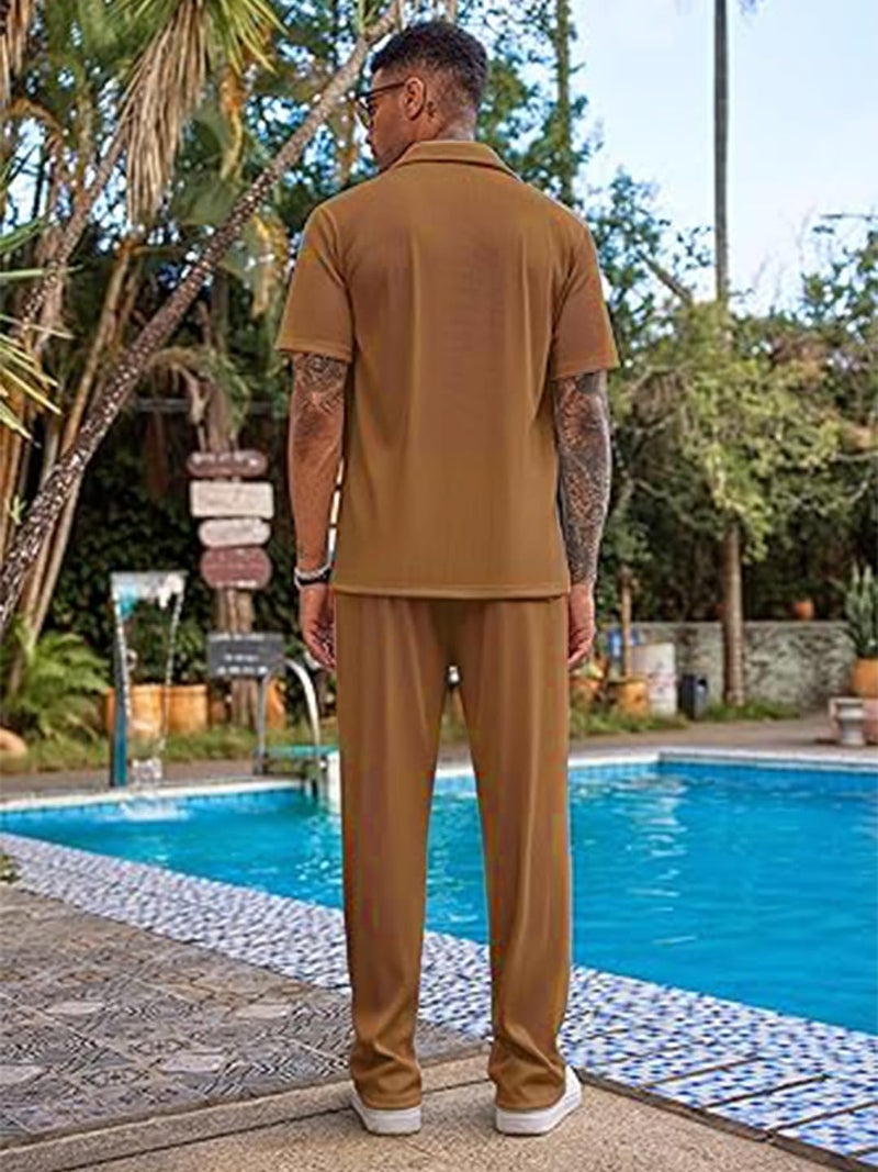 CHKOKKO Men’s Co-Ord Set Premium Polo Neck Half Sleeve Solid Shirt with Trousers Cord Set Relaxed Fit Casual Summer Wear Western BLACK 3XL - Image 4