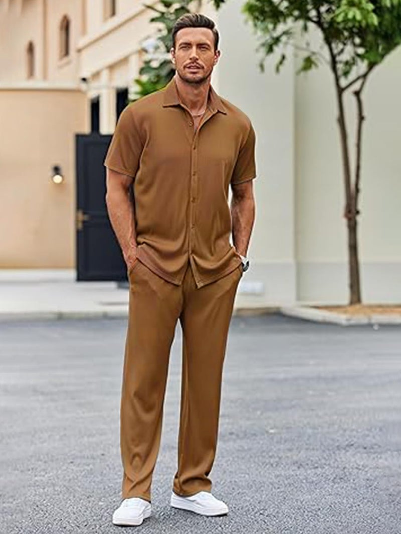 CHKOKKO Men’s Co-Ord Set Premium Polo Neck Half Sleeve Solid Shirt with Trousers Cord Set Relaxed Fit Casual Summer Wear Western BLACK 3XL - Image 3