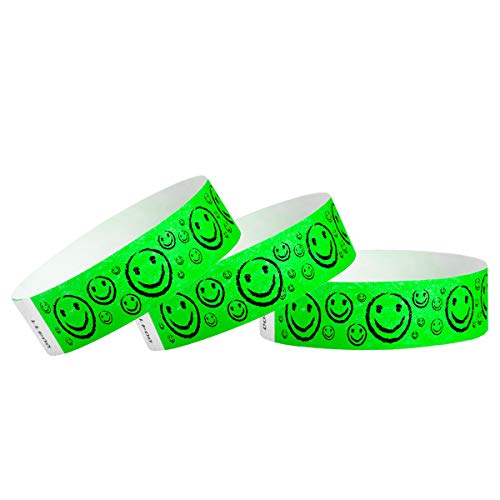 Wristco 500 WristCo Neon Green Smiley Face Tyvek Wristbands for Events - ¾” x 10” - Waterproof Recyclable Comfortable Tear Resistant Paper Bracelets Wrist Bands for Concerts Festivals Admission Party - Image 1