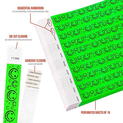 Wristco 500 WristCo Neon Green Smiley Face Tyvek Wristbands for Events - ¾” x 10” - Waterproof Recyclable Comfortable Tear Resistant Paper Bracelets Wrist Bands for Concerts Festivals Admission Party - Image 2