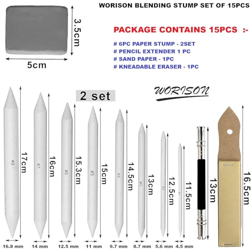 worison 15 Piece Blending Stumps Set – Includes Sandpaper Pencil Sharpener, Pencil Extender and Kneaded Eraser, Complete Sketching and Shading Tool Kit for Artists, Students and Hobbyists - Image 2