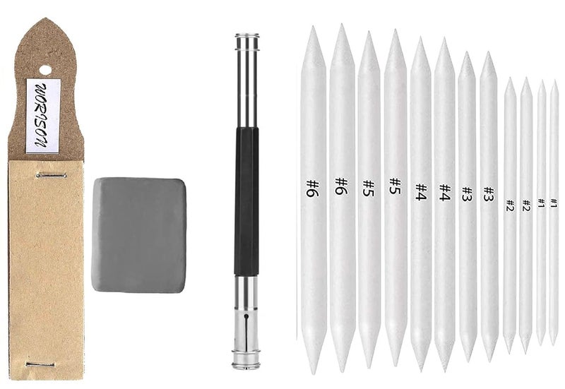 worison 15 Piece Blending Stumps Set – Includes Sandpaper Pencil Sharpener, Pencil Extender and Kneaded Eraser, Complete Sketching and Shading Tool Kit for Artists, Students and Hobbyists - Image 1