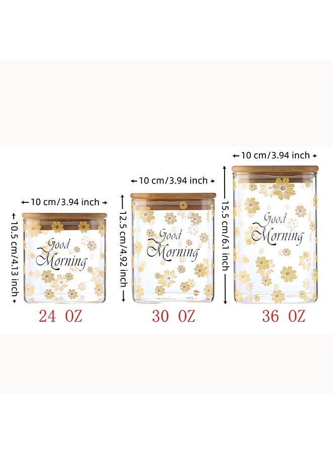 فلاي رود 3 قطع من حاويات تخزين الطعام، برطمانات تخزين زجاجية صيفية مع غطاء محكم من الخيزران، مجموعات علب زهور شفافة، ثلاثة أحجام، يمكن استخدامها لحمل التوابل وحبوب القهوة والبسكويت والحلوى وما إلى ذلك. - Image 2