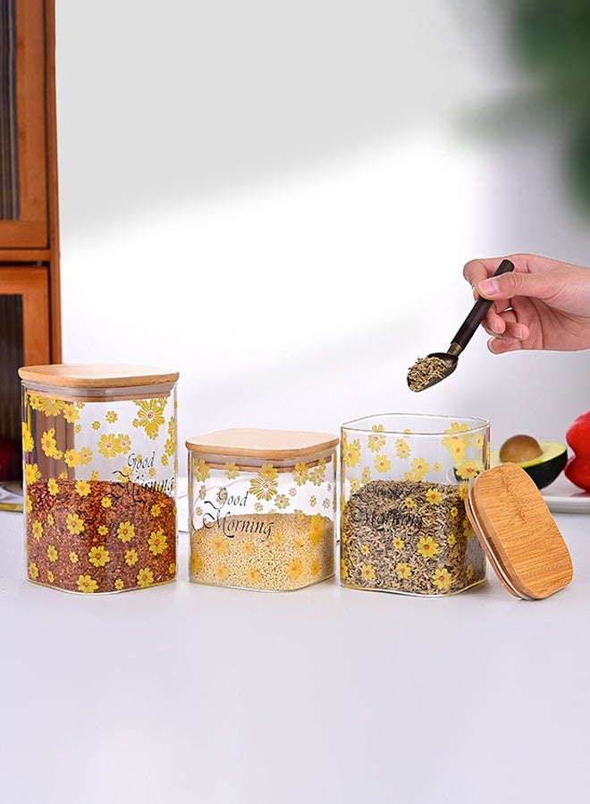 فلاي رود 3 قطع من حاويات تخزين الطعام، برطمانات تخزين زجاجية صيفية مع غطاء محكم من الخيزران، مجموعات علب زهور شفافة، ثلاثة أحجام، يمكن استخدامها لحمل التوابل وحبوب القهوة والبسكويت والحلوى وما إلى ذلك. - Image 1