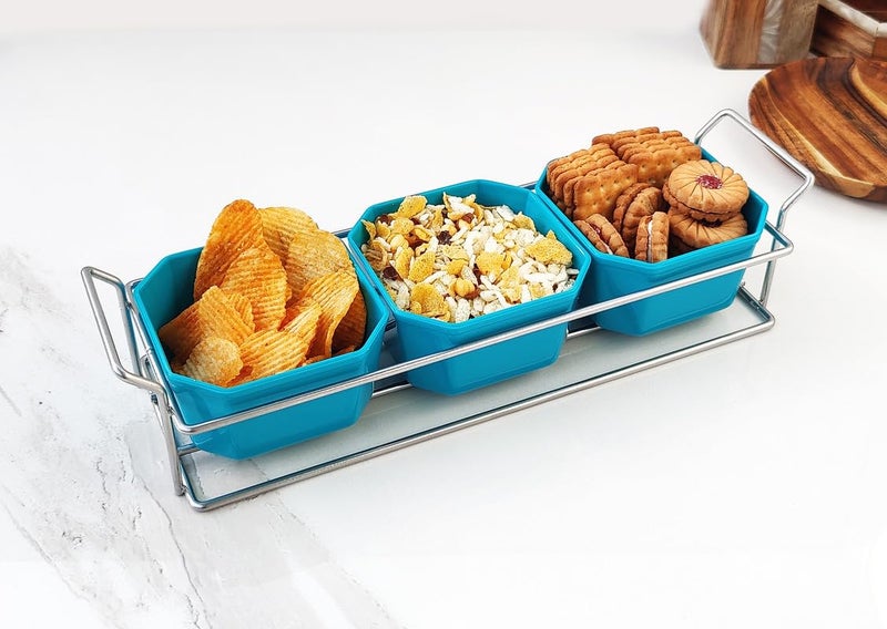 appeasy Silver Plated Wire Tray with 3 Bowl Server Set for Center Table for Dessert Appetizer Serving Bowl Friut Chip dip Bowl Set for Parties - Image 1