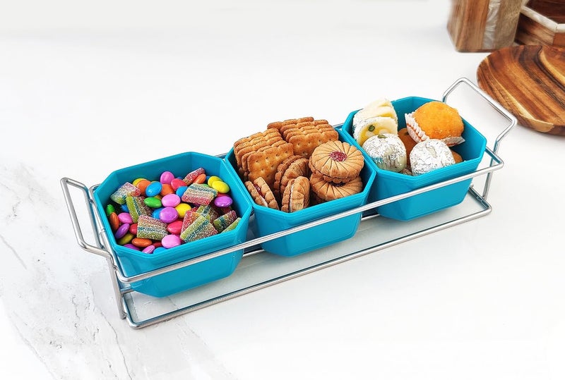 appeasy Silver Plated Wire Tray with 3 Bowl Server Set for Center Table for Dessert Appetizer Serving Bowl Friut Chip dip Bowl Set for Parties - Image 4