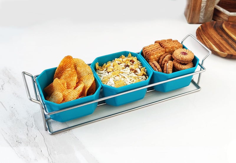 appeasy Silver Plated Wire Tray with 3 Bowl Server Set for Center Table for Dessert Appetizer Serving Bowl Friut Chip dip Bowl Set for Parties - Image 5