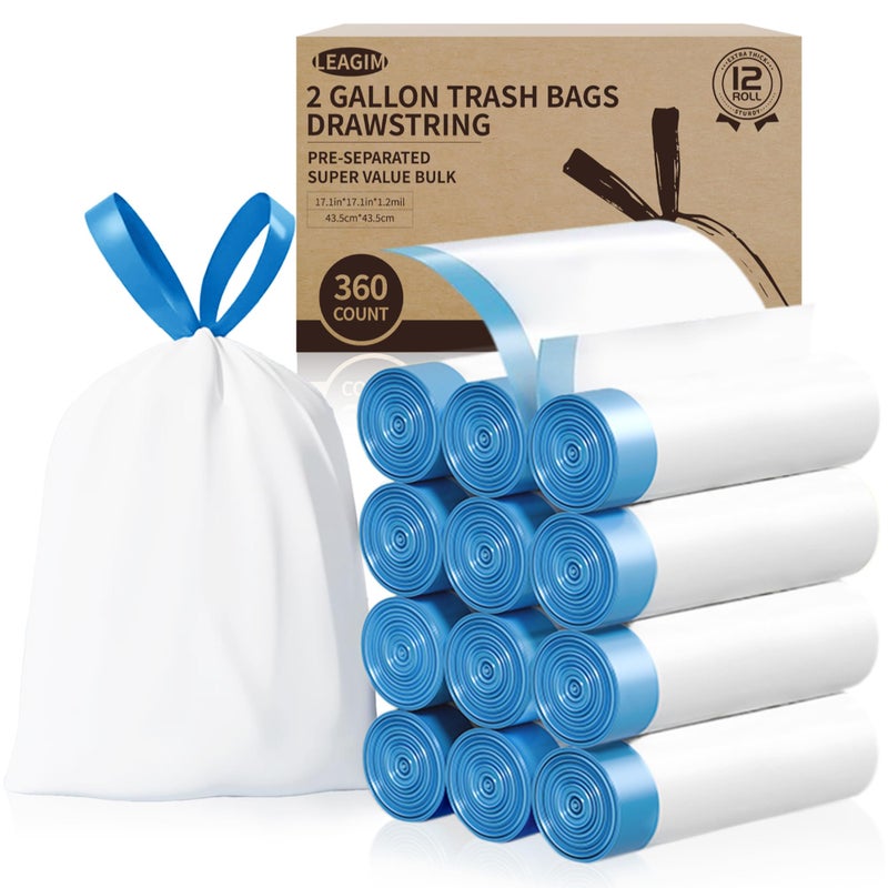 LEAGIM Small Trash Bags 2 Gallon, 360 Count -1.2 Mil Drawstring Mini Garbage Bags, White Plastic Trash Can Liners for Bathroom Accessories, 7.5 Liter, Bedroom, Dorm Room Essentials, Office - Image 1