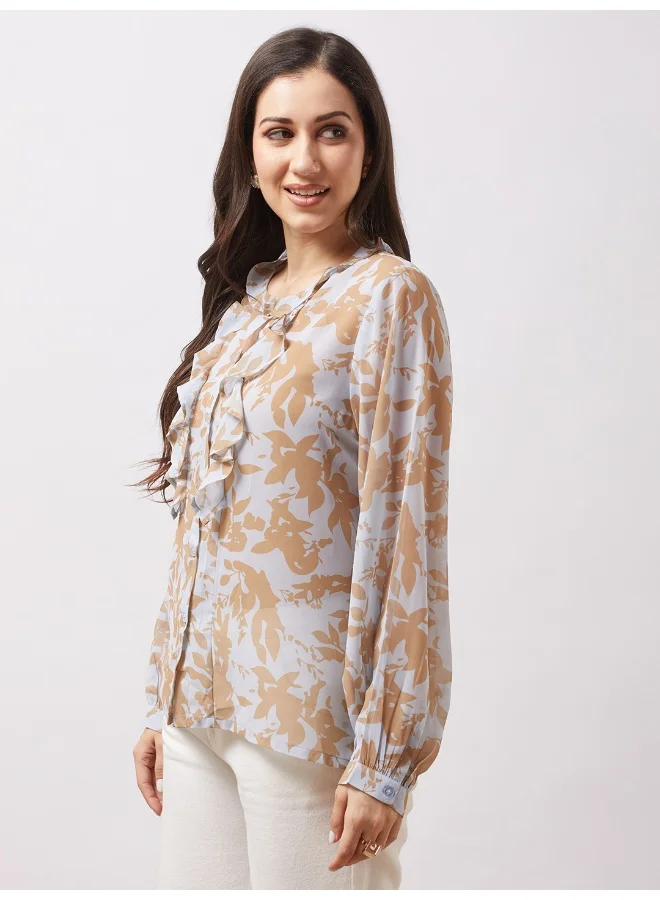 globus Women Yellow Abstract Print Mandarin Collar Bishop Sleeves Ruffle Detail Georgette Top