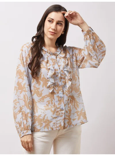 globus Women Yellow Abstract Print Mandarin Collar Bishop Sleeves Ruffle Detail Georgette Top