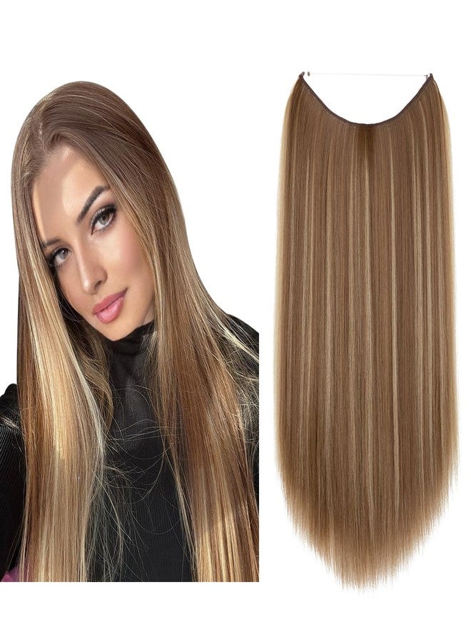 SARLA Invisible Wire Hair Extensions 22 inch Long Synthetic Hairpieces Straight Ash Medium Brown With Ash Blonde Highlight Adjustable Headband for Women No Clip - Image 1
