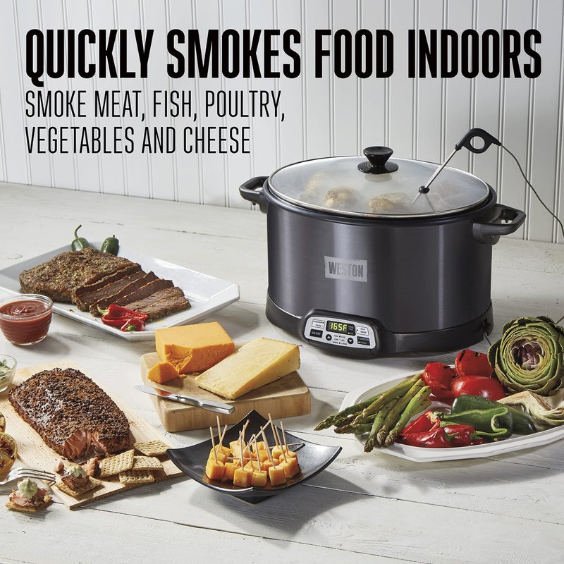 WESTON BRANDS 2-in-1 Indoor Electric Smoker & Programmable Slow Cooker, 6 Quart, With 3-Tier Smoking Rack for Meat, Cheese and More, Dishwasher Safe Crock, Temperature Probe, Black (03-2500-W) - Image 2