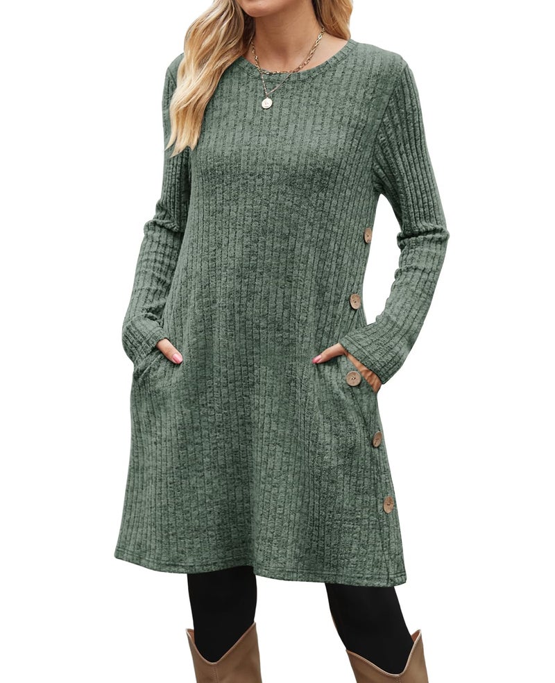 OFEEFAN Fall Casual Dresses Long Sleeve Winter Dress Christmas Dresses 2024 Green XL - Image 2