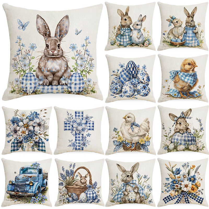 New Blue Plaid Easter Pillowcase Cushion Cover Cute Rabbit Truck Animal Pillowcase - Image 2