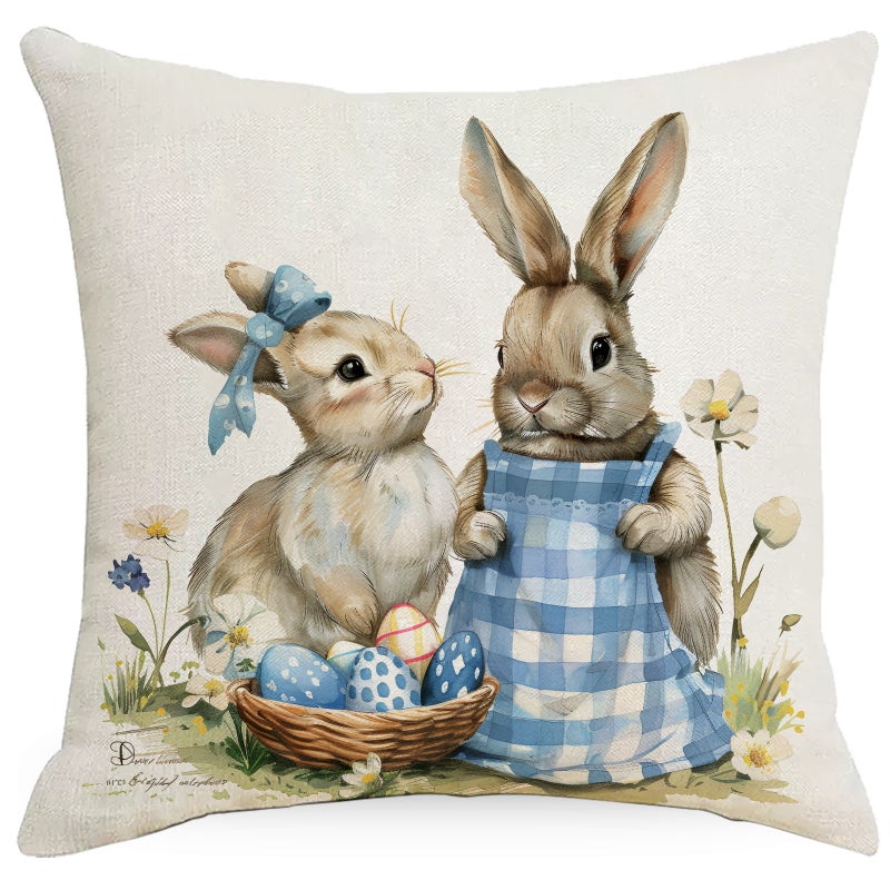 New Blue Plaid Easter Pillowcase Cushion Cover Cute Rabbit Truck Animal Pillowcase - Image 4