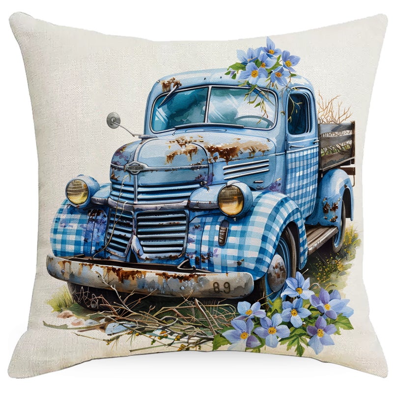 New Blue Plaid Easter Pillowcase Cushion Cover Cute Rabbit Truck Animal Pillowcase - Image 1