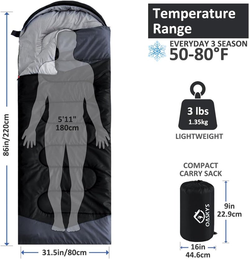 oaskys Camping Sleeping Bag - 3 Season Warm & Cool Weather - Summer Spring Fall Lightweight Waterproof for Adults Kids - Camping Gear Equipment, Traveling, and Outdoors - Image 2