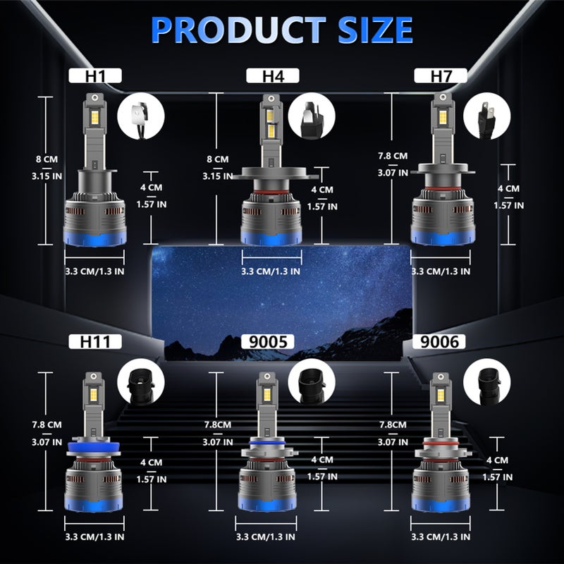 مصابيح المصباح الأمامي LED H1 المقاومة للماء بدرجة IP68، مصابيح المصباح الأمامي LED للسيارة 6000K 600W 80000LM شديدة الإضاءة، 2 قطع - Image 4