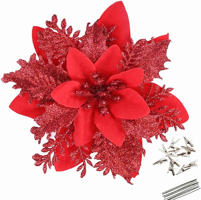 GREENTIME 12 Pcs Glitter Poinsettia 55 Artificial Flowers Christmas with Clips Stems Xmas Tree Ornaments for Wedding Party Wreath Decoration Light Red