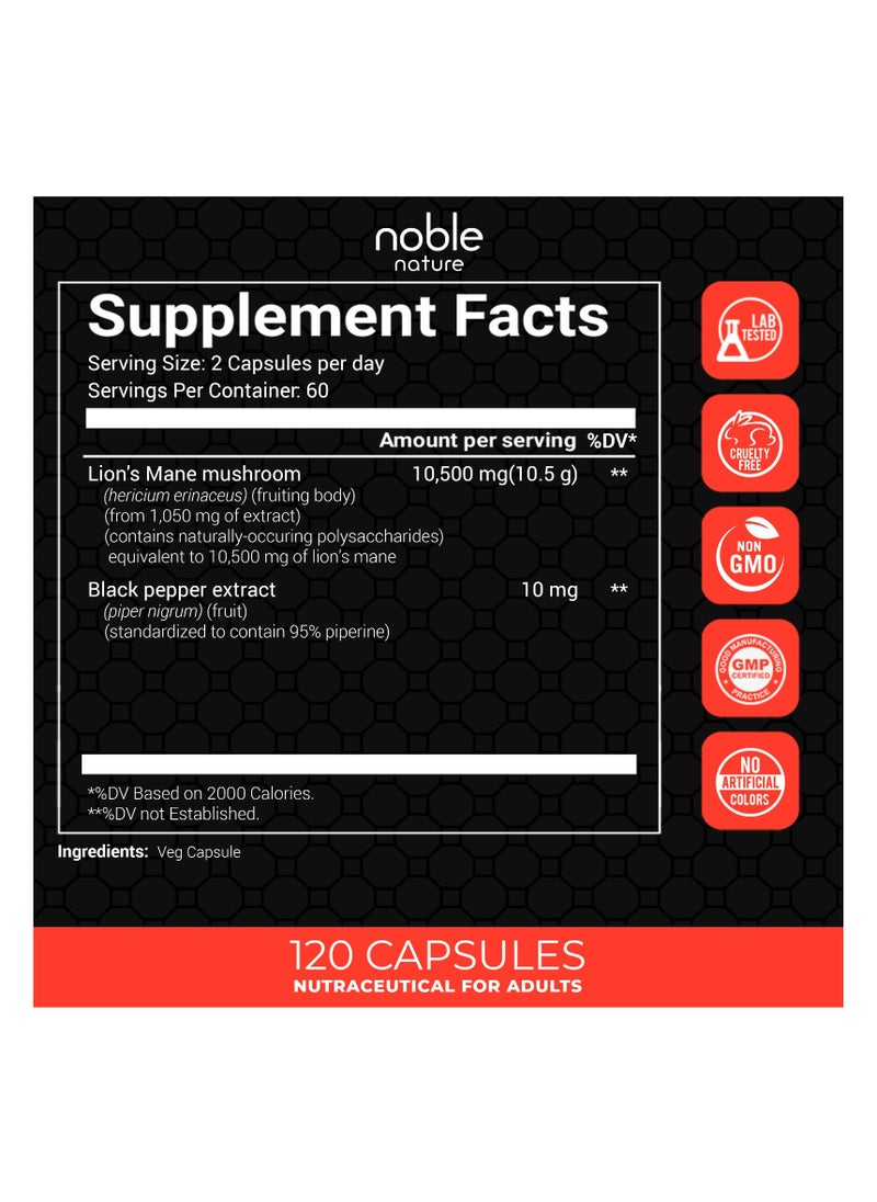 Lion's Mane Mushroom Supplement – 10,500mg Equivalent per Serving (10:1 Extract) with Black Pepper for Enhanced Absorption – Brain Support, Focus & Memory – 120 Veg Capsules – Non-GMO, Gluten-Free