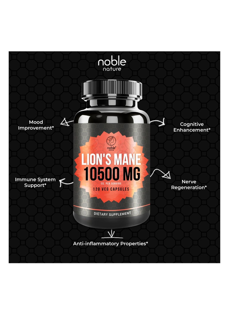 Lion's Mane Mushroom Supplement – 10,500mg Equivalent per Serving (10:1 Extract) with Black Pepper for Enhanced Absorption – Brain Support, Focus & Memory – 120 Veg Capsules – Non-GMO, Gluten-Free