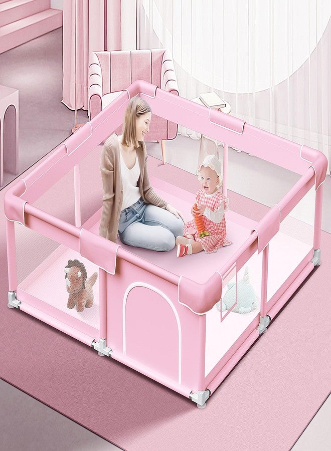 Jaobeem Pink Baby Playpen 50x50 Inches Playpen for Little Princess Play Yards Indoor & Outdoor Sturdy Safety Baby Girls Play Pen with Soft Breathable Mesh Toddlers Activity Center with Anti-Slip Base - Image 1
