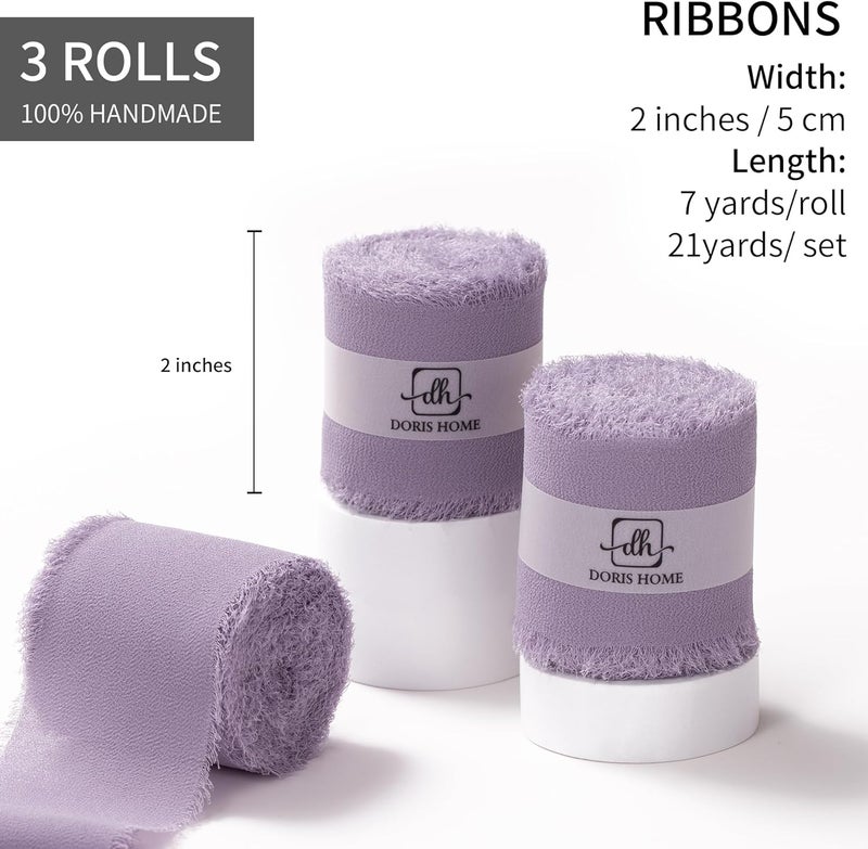 Doris Home Pastle Purple Chiffon Ribbon for Flower Bouquet, 2" x21Yd Fabric Ribbon for Gift Wrapping, Handmade Frayed Ribbon for Wedding/Christmas Decorations - Image 3