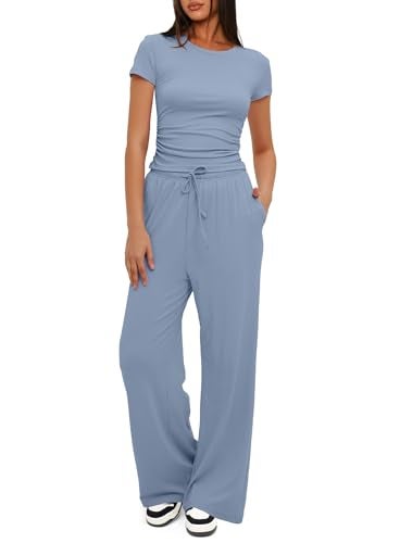 Darong Women's 2 Piece Outfits 2025 Short Sleeve Pullover Tops And Long Pants Lounge Sets Tracksuit 9042A Blue S - Image 5
