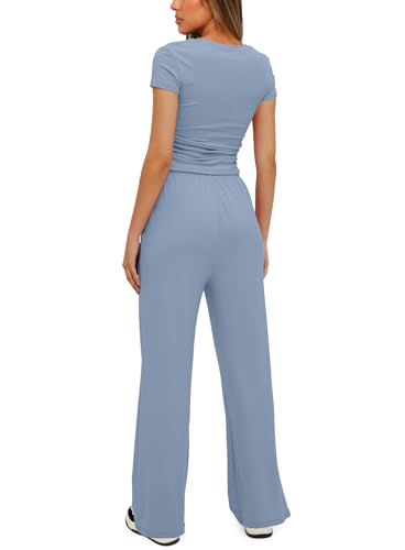Darong Women's 2 Piece Outfits 2025 Short Sleeve Pullover Tops And Long Pants Lounge Sets Tracksuit 9042A Blue S - Image 2