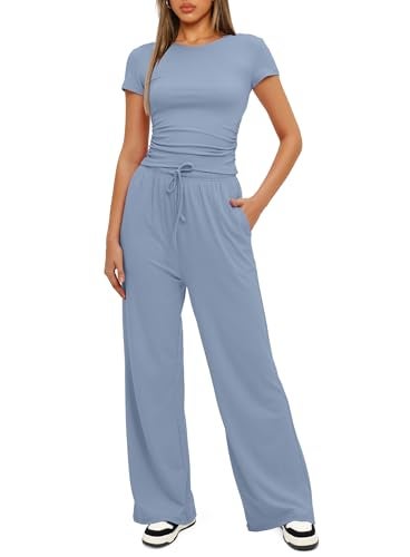 Darong Women's 2 Piece Outfits 2025 Short Sleeve Pullover Tops And Long Pants Lounge Sets Tracksuit 9042A Blue S - Image 3
