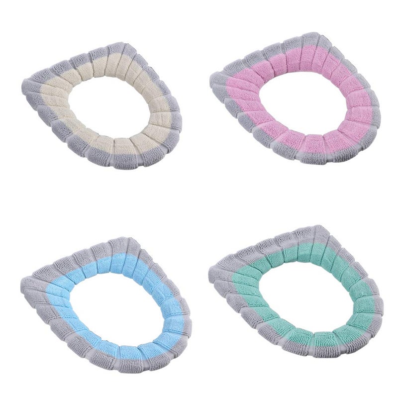 4 Pcs Soft Toilet Seat Cover Pad O Type Warmer Stretchable Thicker Washable Cloth Double Color