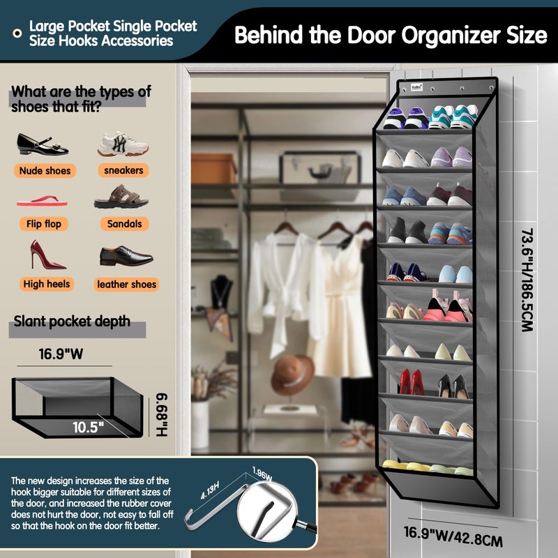 Kotkn 10 Tier Over The Door Organizer - Heavy Duty Hanging Storage Rack with Sturdy Oxford Fabric, Holds 20+ Pairs of Footwear, Boots & Sneakers, Saves 50% Closet Space (Gray) - Image 2
