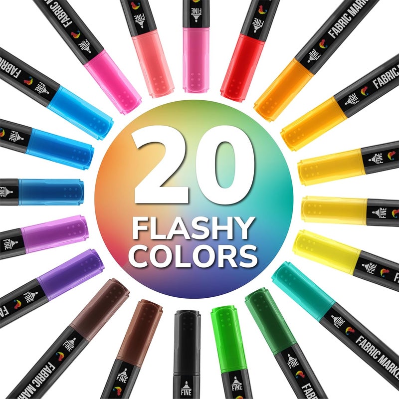 Zenacolor 20 علامات قماش برؤوس مزدوجة - ألوان نابضة بالحياة، دائمة للملابس - علامات طلاء قماش برأس ناعم ومقطع إزميل - Image 3