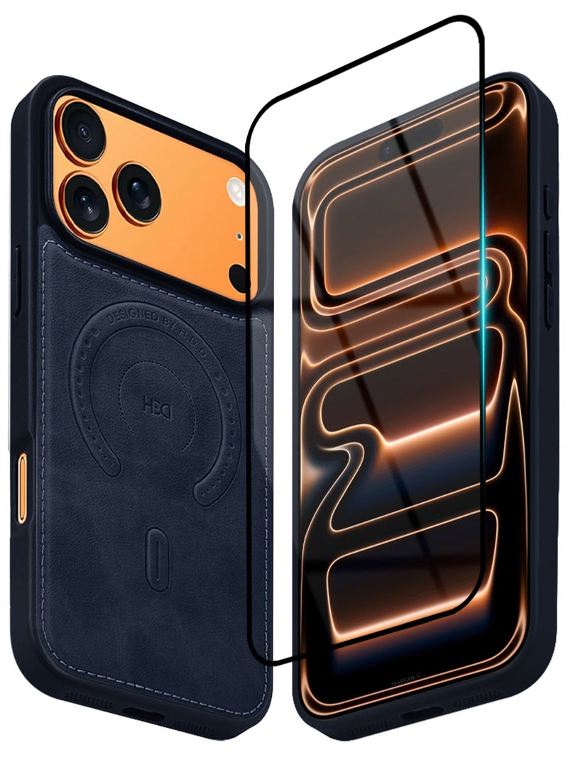 HDD Premium Leather Case and Screen Protector Compatible with iPhone 17 Pro Max, Slim MagSafe Shockproof Protective Cover with Metallic Camera Ring & Tactile Buttons – Blue - Image 2