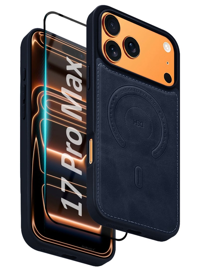 HDD Premium Leather Case and Screen Protector Compatible with iPhone 17 Pro Max, Slim MagSafe Shockproof Protective Cover with Metallic Camera Ring & Tactile Buttons – Blue - Image 1