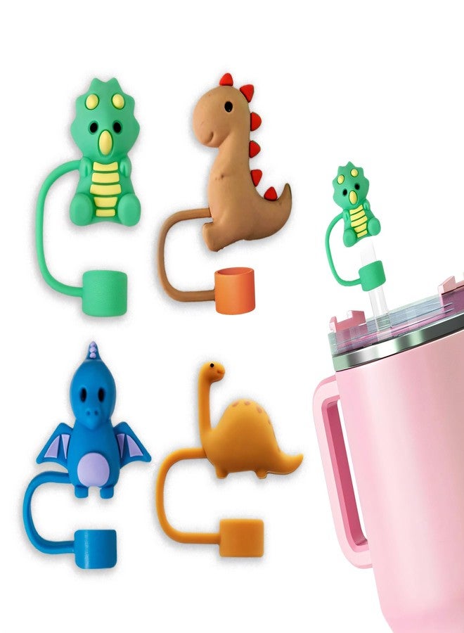 QUVIAE 4 Pack Dinosaur Straw Cover Cap for Stanley Cup 30&40 Oz Tumblers, 0.4in/10mm Silicone Straw Topper Protector Lid with Cute Dinosaurs Kids Cup Accessories - Image 1