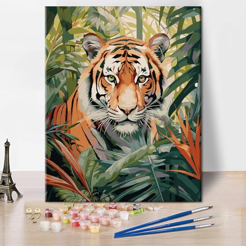 Rebotipy Animal Paint by Numbers Modern Adult Beginner Painting Art DIY Tiger Forest Beast Paint by Numbers Tropical Rainforest Painting Art Lady Men Living Room Bedroom Wall Art Decoration 16x20 in - Image 1