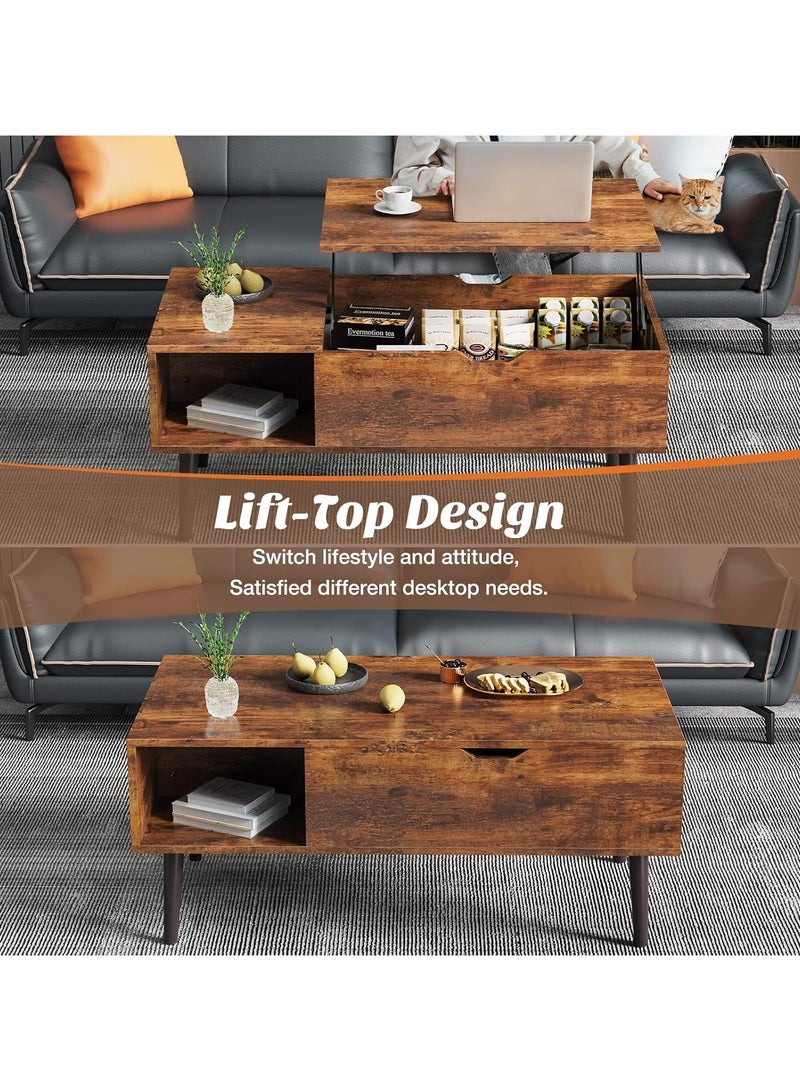 Chulovs Coffee Table, Lift Top Coffee Tables for Living Room, Office, Small Rising Wooden Dining Center Tables with Storage Shelf and Hidden Compartment, Brown - Image 5