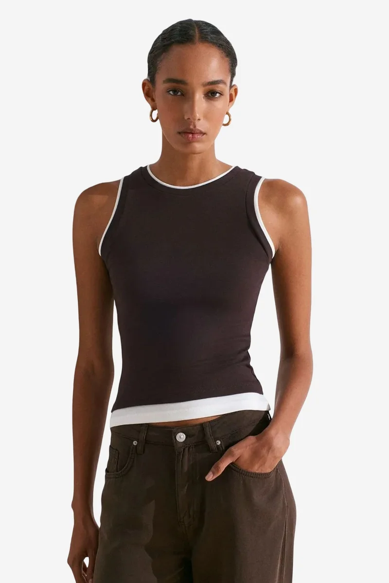 Dilvin Coffee Brown DILVIN Sleeveless Ribbed Cotton Blouse for Women | Best Price UAE
