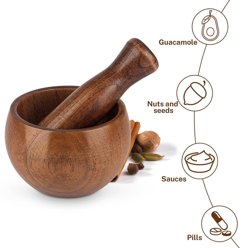 Hisize Wood Mortar and Pestle Set, Wood Grinder Bowl for Guacamole, Salsa, Herb Crusher and Pill - Image 2