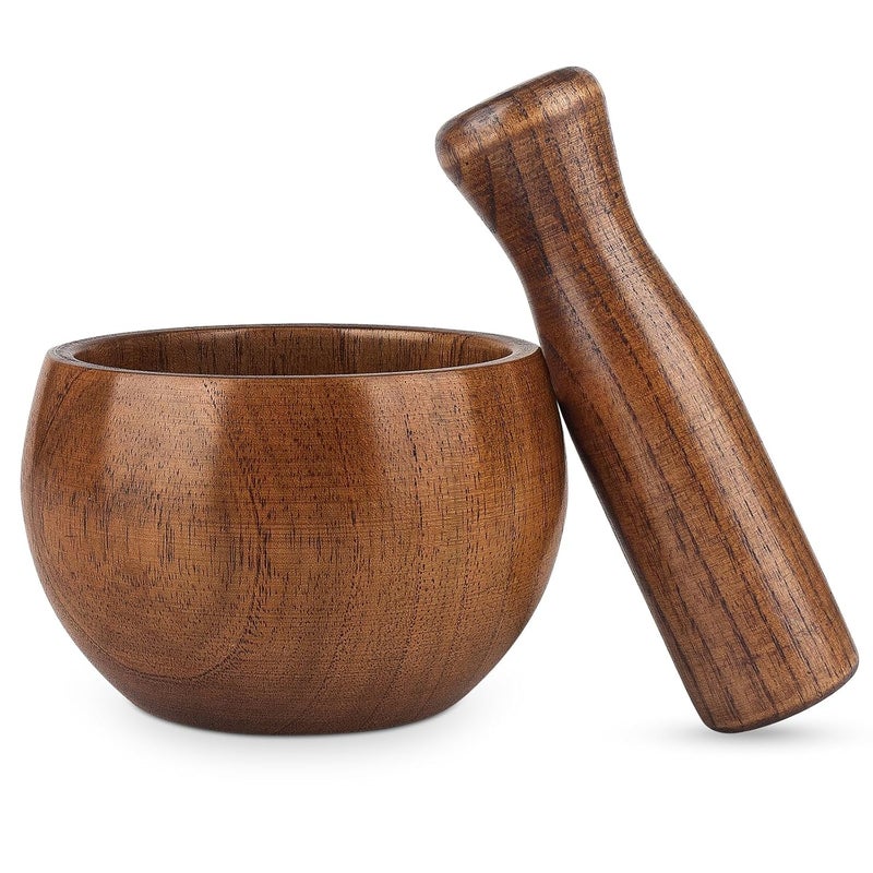 Hisize Wood Mortar and Pestle Set, Wood Grinder Bowl for Guacamole, Salsa, Herb Crusher and Pill - Image 1