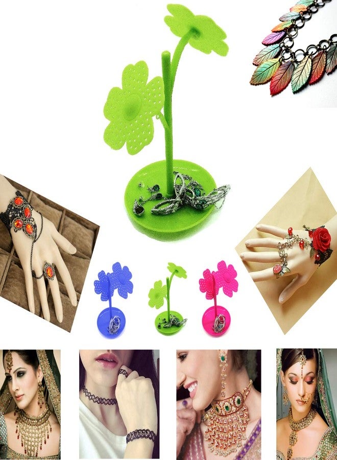 CONNECTWIDE Flower Jewelry Necklace Stud Earring Holder Organizer Display Rack Tower Stand Tree with Base Tray Jewelry Multi-Functional (Green) - Image 4