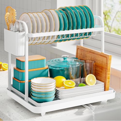 Sakugi 2-Tier Dish Drying Rack - Stainless Steel Dish Rack with Cutlery & Utensil Holders for Kitchen Counter, Sink Organization and Storage Essentials, Home Decor, 15" W x 11.4" L x 15" H, White - Image 1