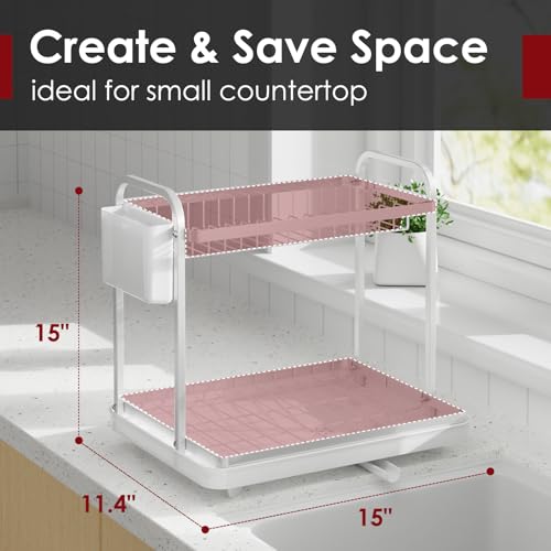 Sakugi 2-Tier Dish Drying Rack - Stainless Steel Dish Rack with Cutlery & Utensil Holders for Kitchen Counter, Sink Organization and Storage Essentials, Home Decor, 15" W x 11.4" L x 15" H, White - Image 2