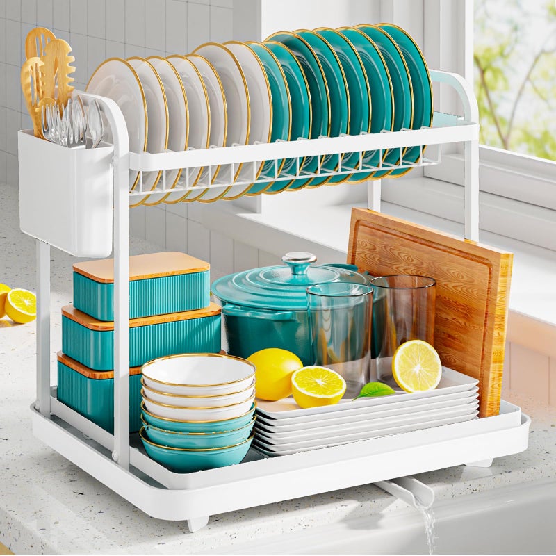 Sakugi 2-Tier Dish Drying Rack - Stainless Steel Dish Rack with Cutlery & Utensil Holders for Kitchen Counter, Sink Organization and Storage Essentials, Home Decor, 15" W x 11.4" L x 15" H, White - Image 5